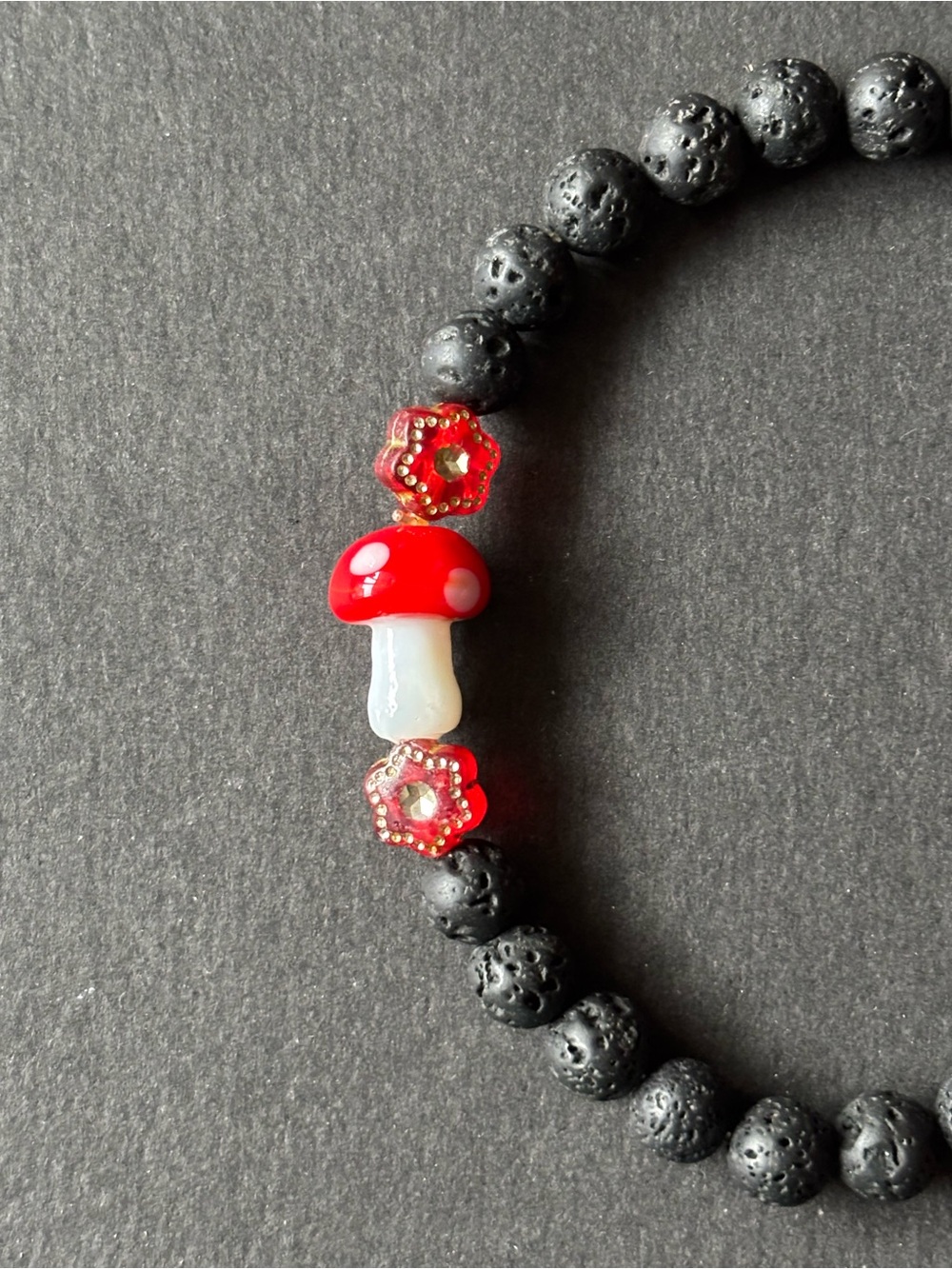Mushroom Bead Bracelet Red Lava Stone Stretch Bracelet | Size 6.5